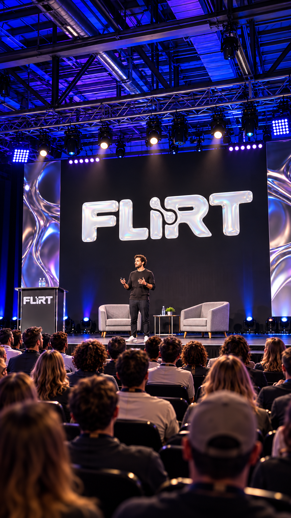 A speaker on the FLIRT main stage in front of an audience